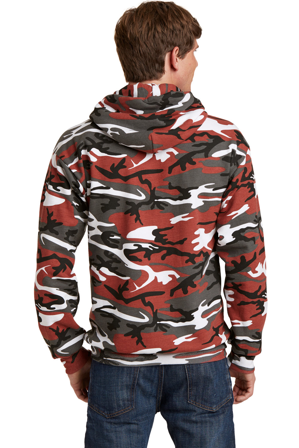 Port & Company PC78HC Mens Core Pill Resistant Fleece Hooded Sweatshirt Hoodie Red Camo Model Back