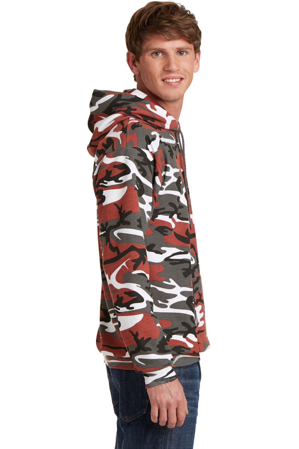 Port & Company PC78HC Mens Core Pill Resistant Fleece Hooded Sweatshirt Hoodie Red Camo Model Side