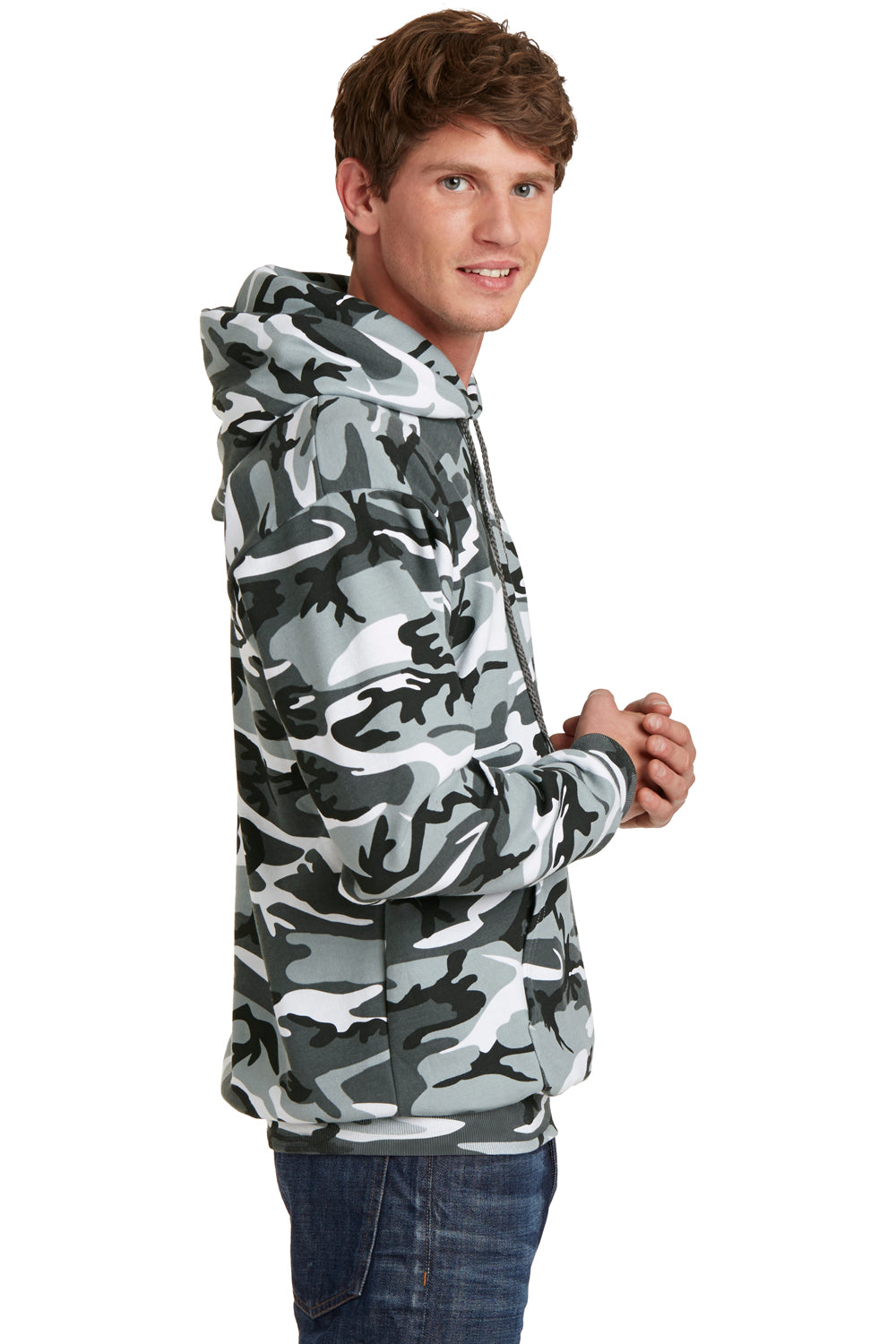 Port & Company PC78HC Mens Core Pill Resistant Fleece Hooded Sweatshirt Hoodie Winter Camo Model Side