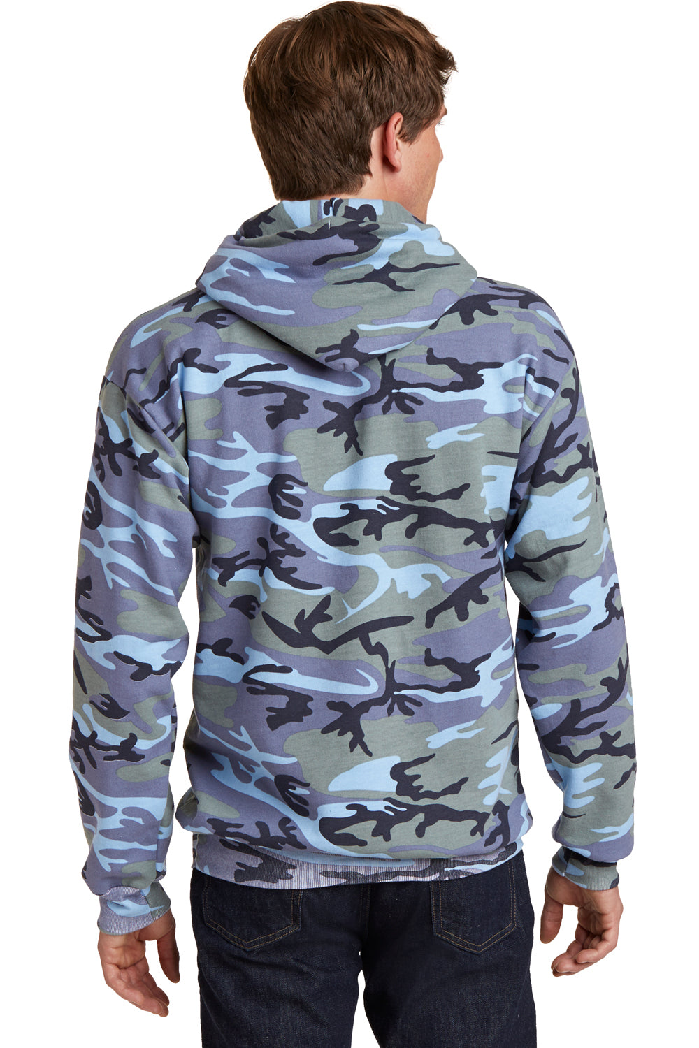 Port & Company PC78HC Mens Core Pill Resistant Fleece Hooded Sweatshirt Hoodie Woodland Blue Camo Model Back