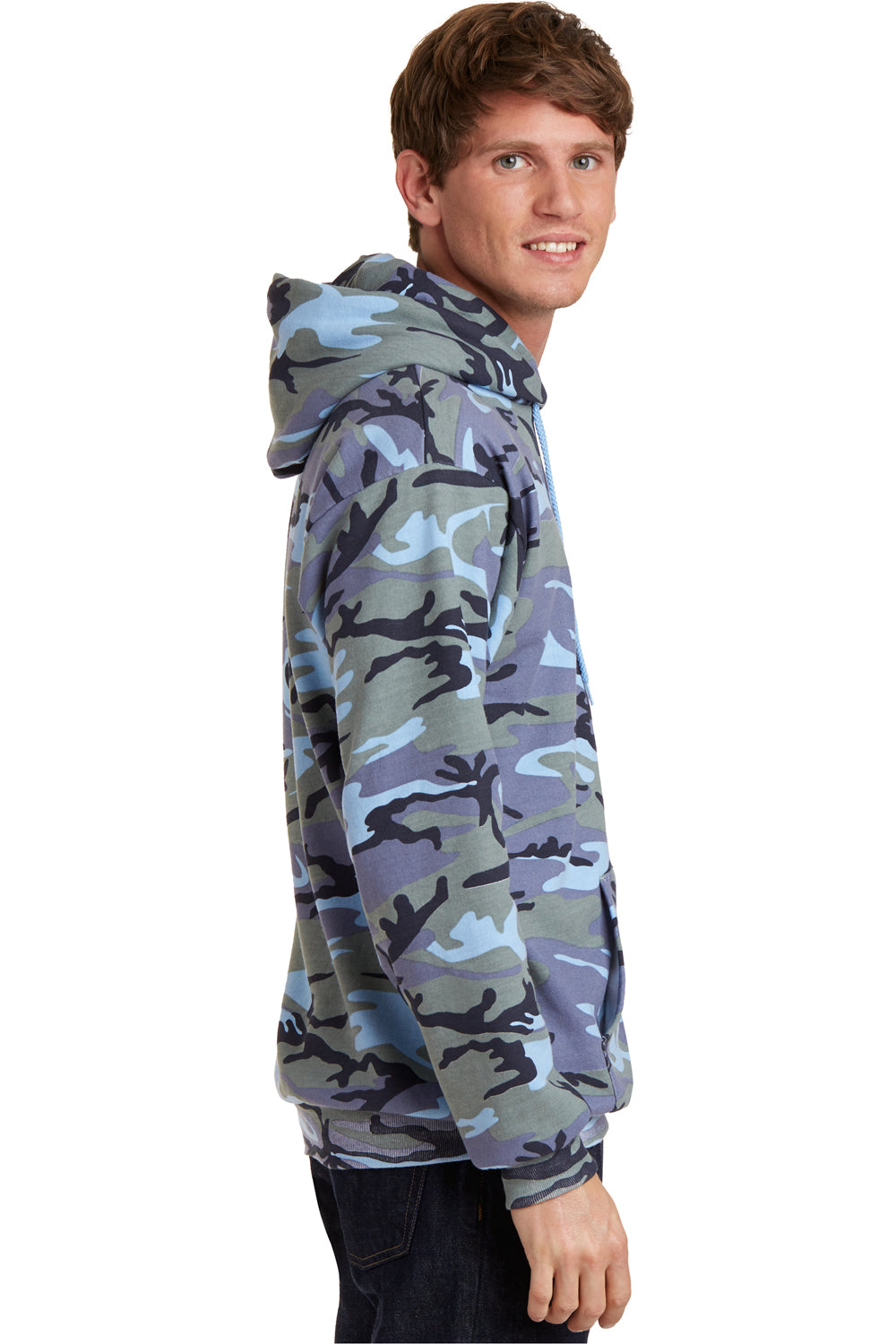 Port & Company PC78HC Mens Core Pill Resistant Fleece Hooded Sweatshirt Hoodie Woodland Blue Camo Model Side