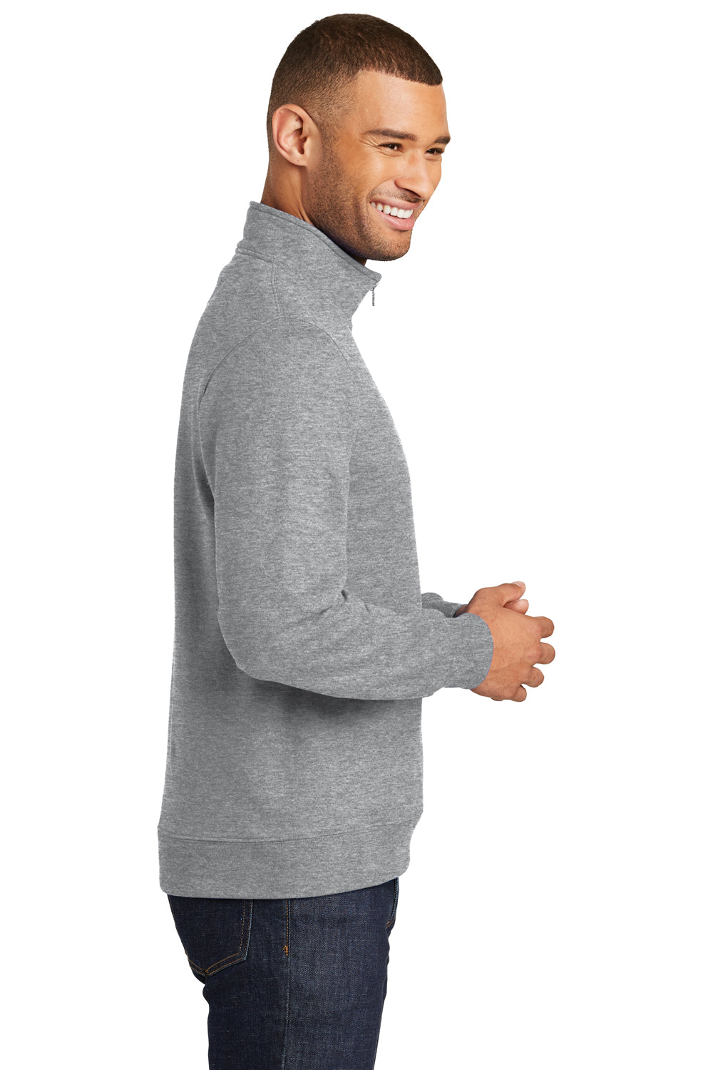 Port & Company PC850Q Mens Fan Favorite Fleece 1/4 Zip Sweatshirt Heather Grey Model Side