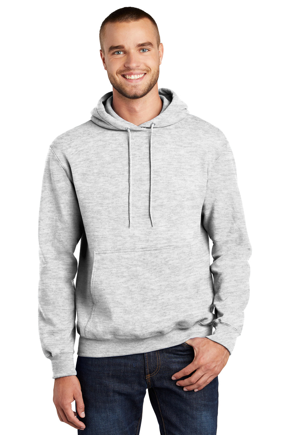 Port & Company PC90H/PC90HT Mens Essential Pill Resistant Fleece Hooded Sweatshirt Hoodie Ash Grey Model Front