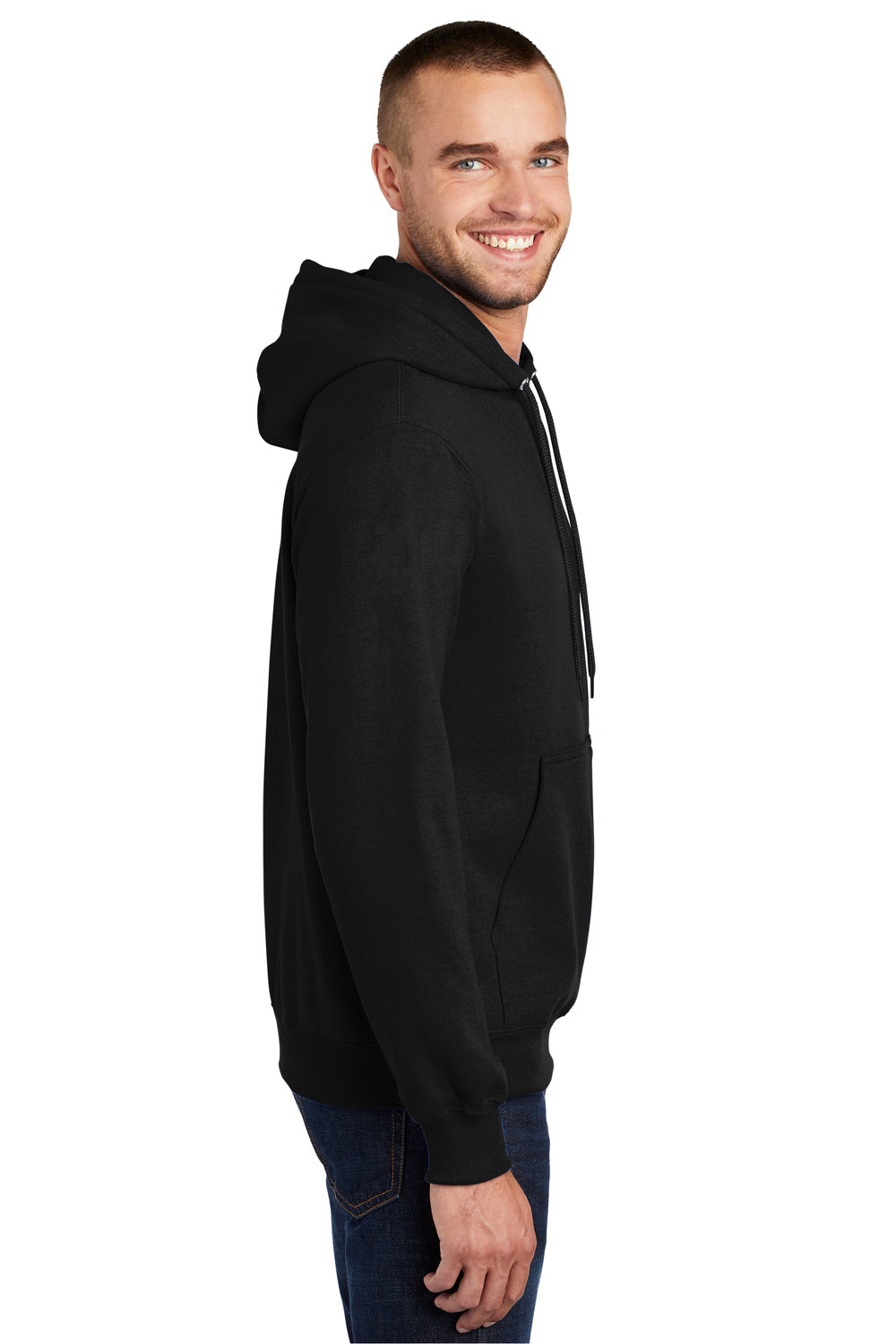 Port & Company PC90H/PC90HT Mens Essential Pill Resistant Fleece Hooded Sweatshirt Hoodie Jet Black Model Side