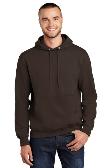 Port & Company PC90H/PC90HT Mens Essential Pill Resistant Fleece Hooded Sweatshirt Hoodie Dark Chocolate Brown Model Front