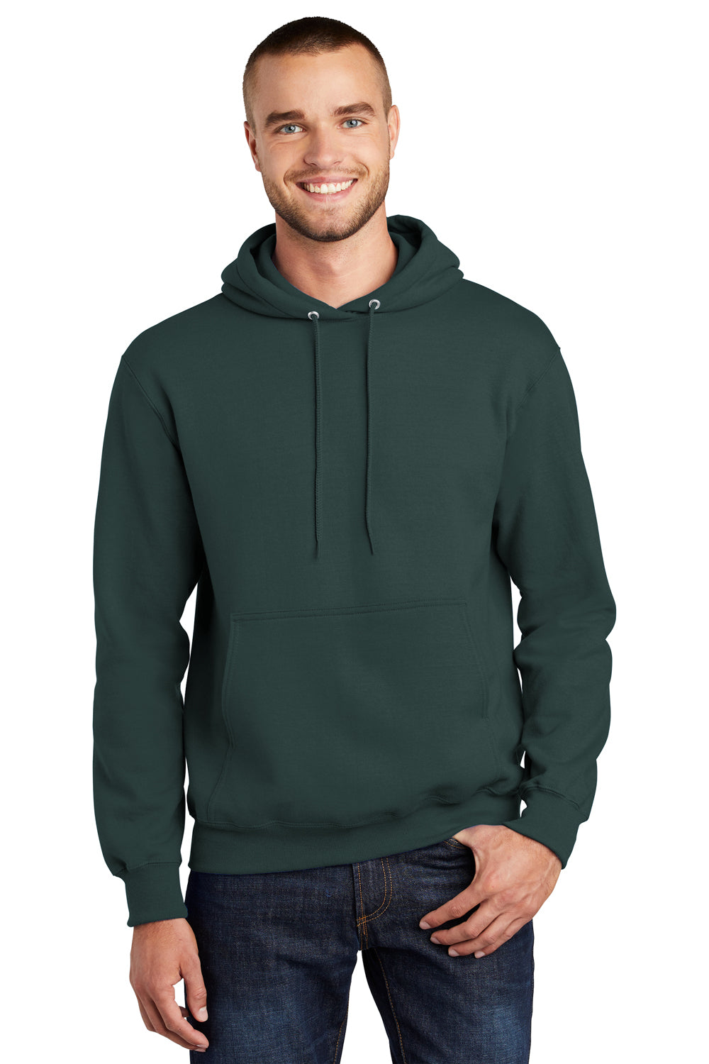 Port & Company PC90H/PC90HT Mens Essential Pill Resistant Fleece Hooded Sweatshirt Hoodie Dark Green Model Front