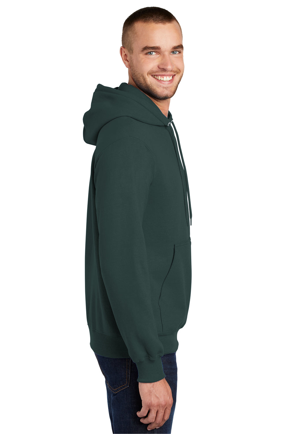 Port & Company PC90H/PC90HT Mens Essential Pill Resistant Fleece Hooded Sweatshirt Hoodie Dark Green Model Side