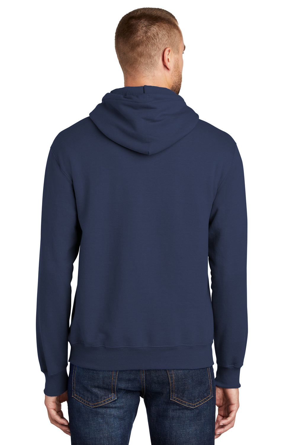 Port & Company PC90H/PC90HT Mens Essential Pill Resistant Fleece Hooded Sweatshirt Hoodie Navy Blue Model Back