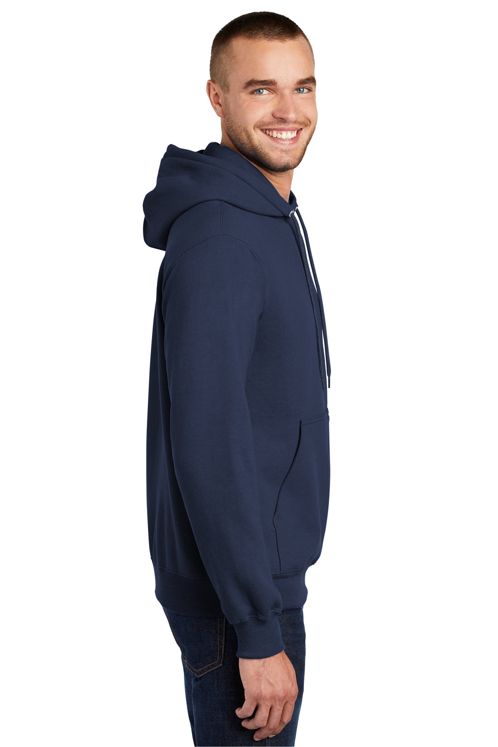 Port & Company PC90H/PC90HT Mens Essential Pill Resistant Fleece Hooded Sweatshirt Hoodie Navy Blue Model Side