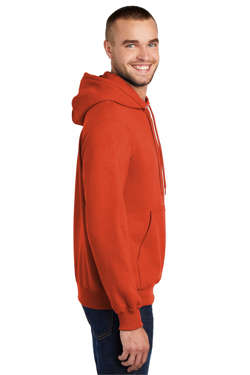 Port & Company PC90H/PC90HT Mens Essential Pill Resistant Fleece Hooded Sweatshirt Hoodie Orange Model Side