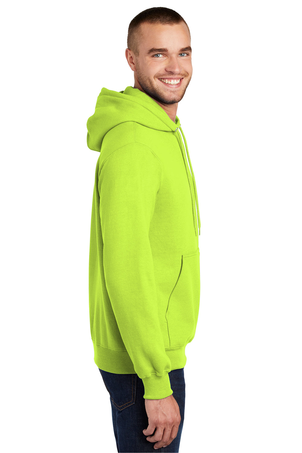 Port & Company PC90H/PC90HT Mens Essential Pill Resistant Fleece Hooded Sweatshirt Hoodie Safety Green Model Side