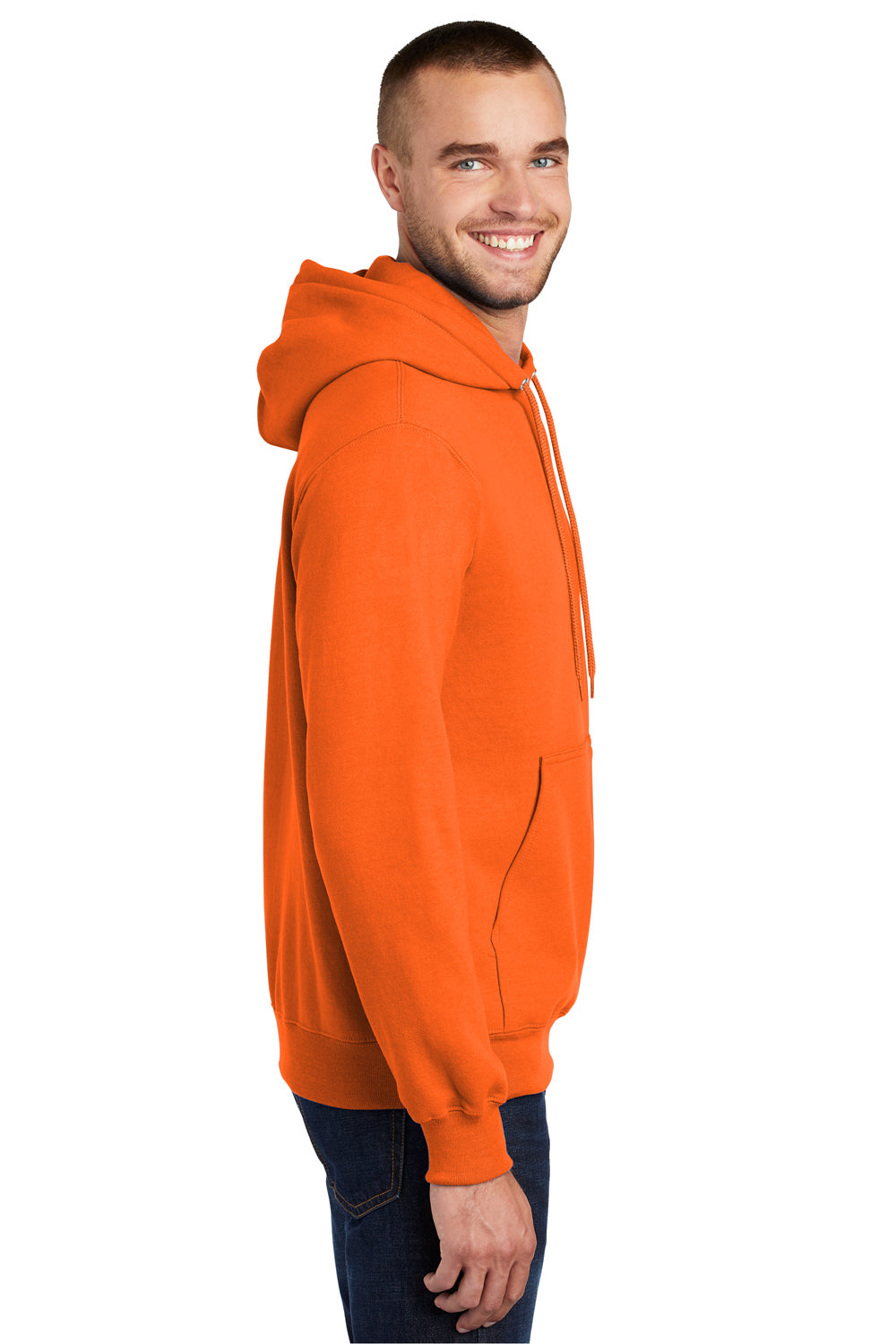 Port & Company PC90H/PC90HT Mens Essential Pill Resistant Fleece Hooded Sweatshirt Hoodie Safety Orange Model Side