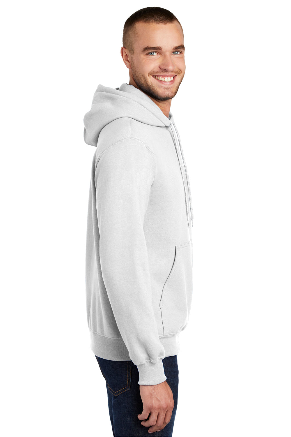 Port & Company PC90H/PC90HT Mens Essential Pill Resistant Fleece Hooded Sweatshirt Hoodie White Model Side