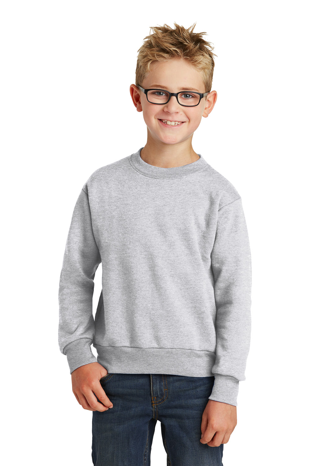 Port & Company PC90Y Youth Core Pill Resistant Fleece Crewneck Sweatshirt Ash Grey Model Front