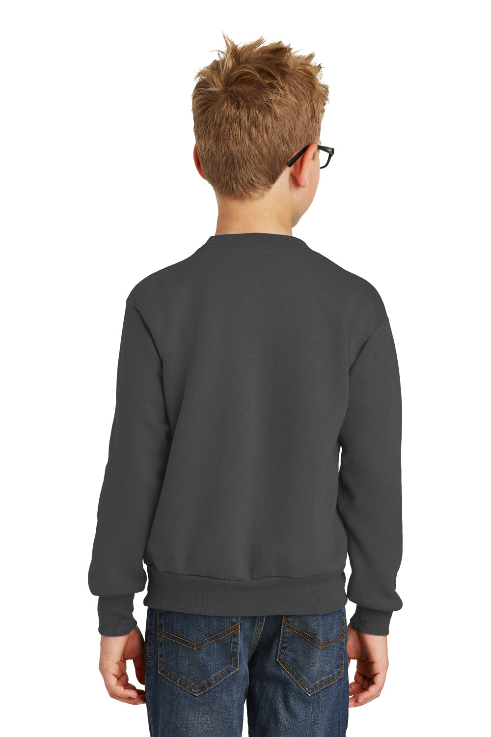 Port & Company PC90Y Youth Core Pill Resistant Fleece Crewneck Sweatshirt Charcoal Grey Model Back