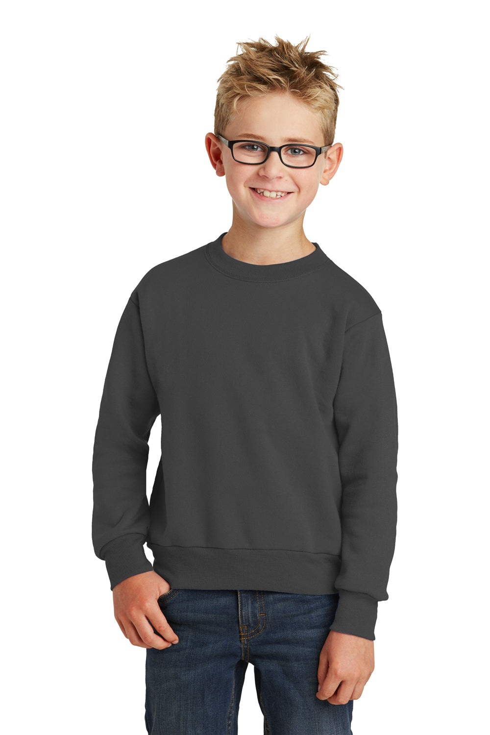 Port & Company PC90Y Youth Core Pill Resistant Fleece Crewneck Sweatshirt Charcoal Grey Model Front