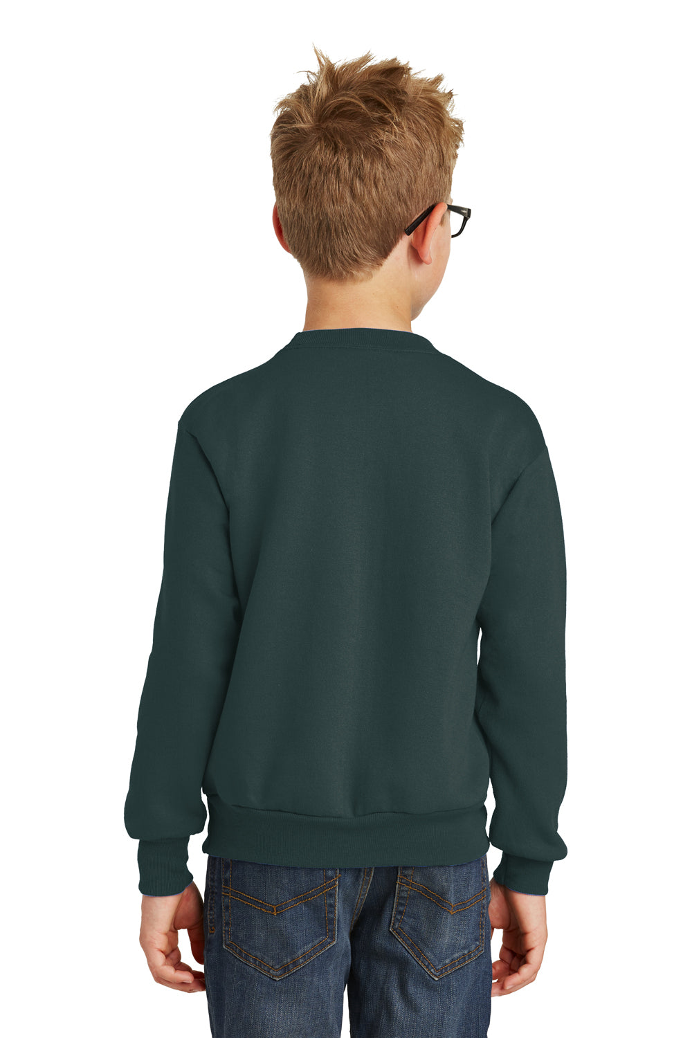 Port & Company PC90Y Youth Core Pill Resistant Fleece Crewneck Sweatshirt Dark Green Model Back