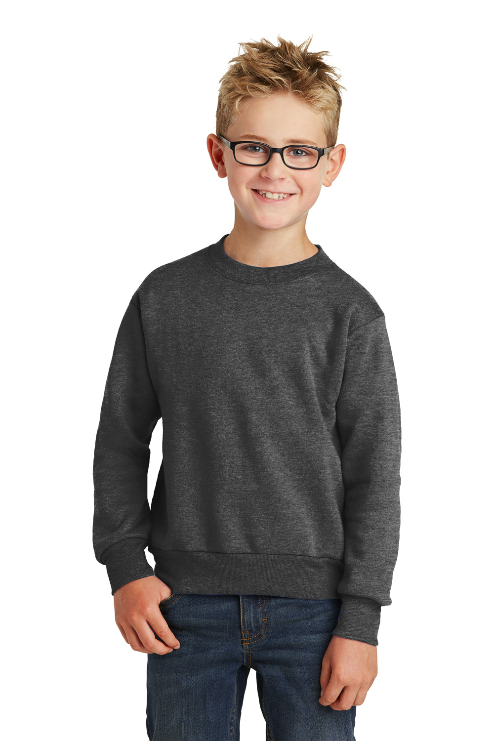 Port & Company PC90Y Youth Core Pill Resistant Fleece Crewneck Sweatshirt Heather Dark Grey Model Front