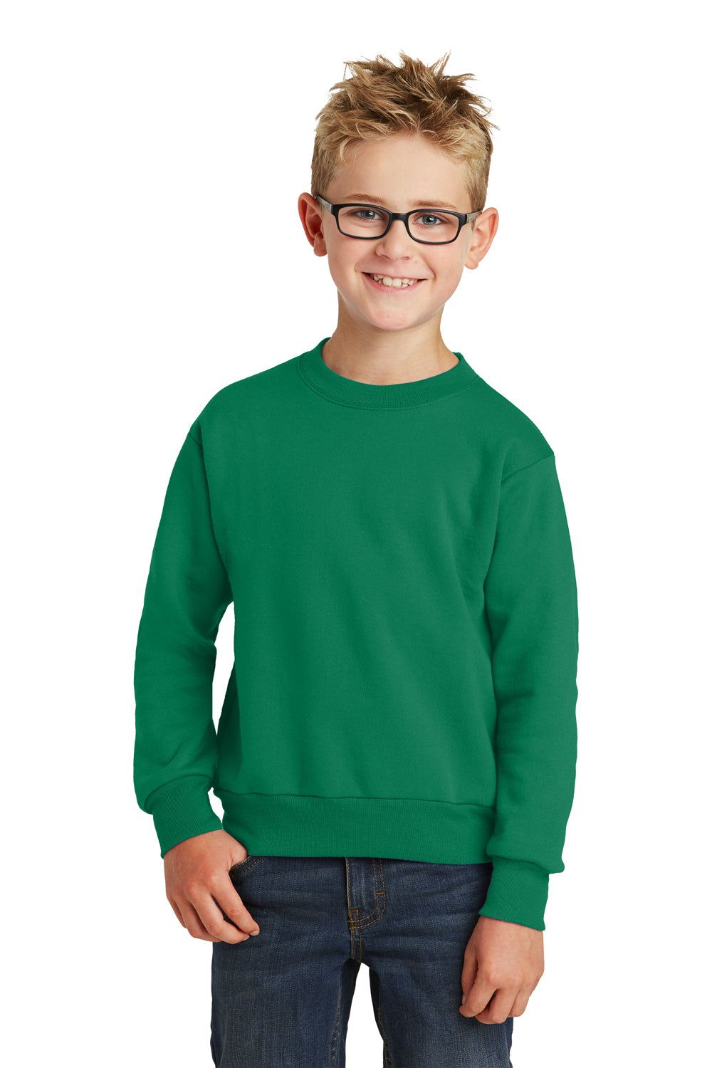 Port & Company PC90Y Youth Core Pill Resistant Fleece Crewneck Sweatshirt Kelly Green Model Front