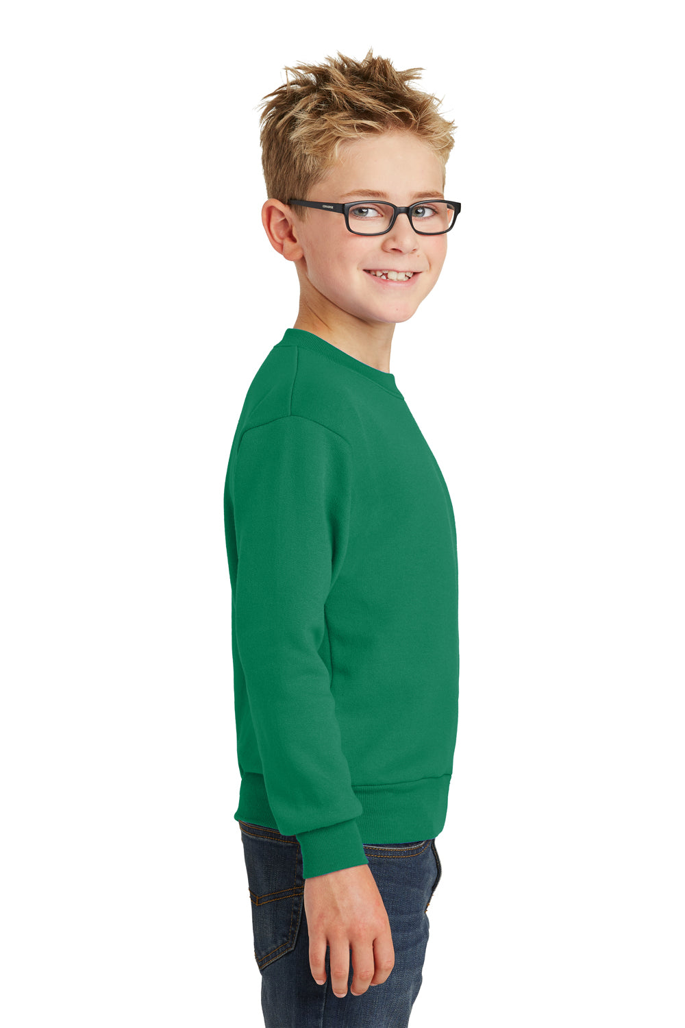 Port & Company PC90Y Youth Core Pill Resistant Fleece Crewneck Sweatshirt Kelly Green Model Side