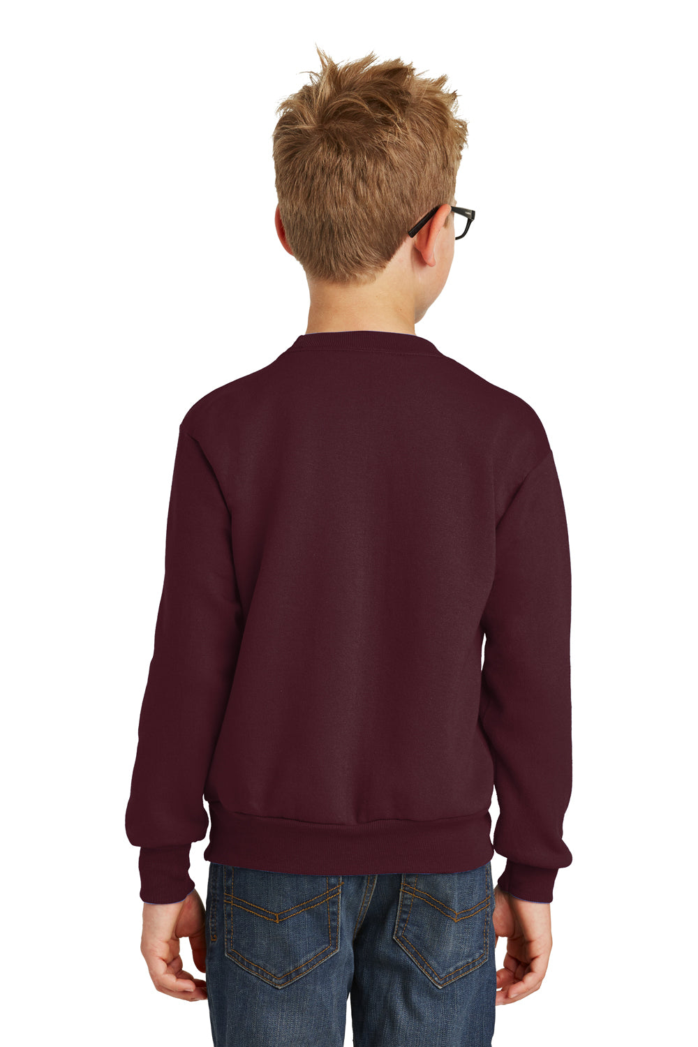 Port & Company PC90Y Youth Core Pill Resistant Fleece Crewneck Sweatshirt Maroon Model Back