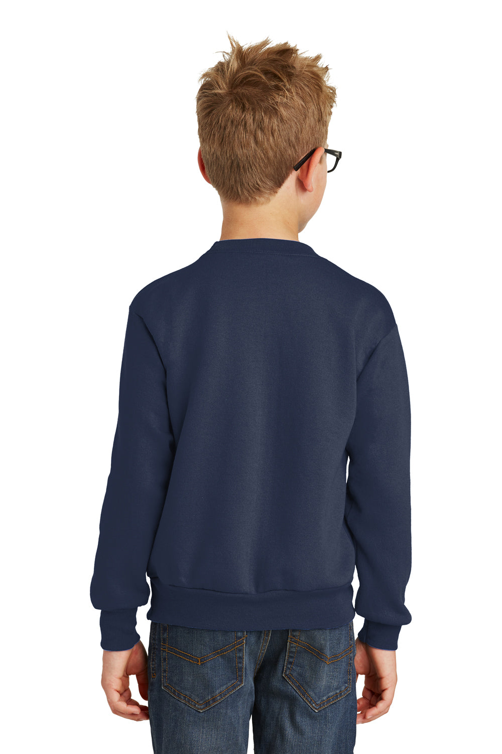 Port & Company PC90Y Youth Core Pill Resistant Fleece Crewneck Sweatshirt Navy Blue Model Back