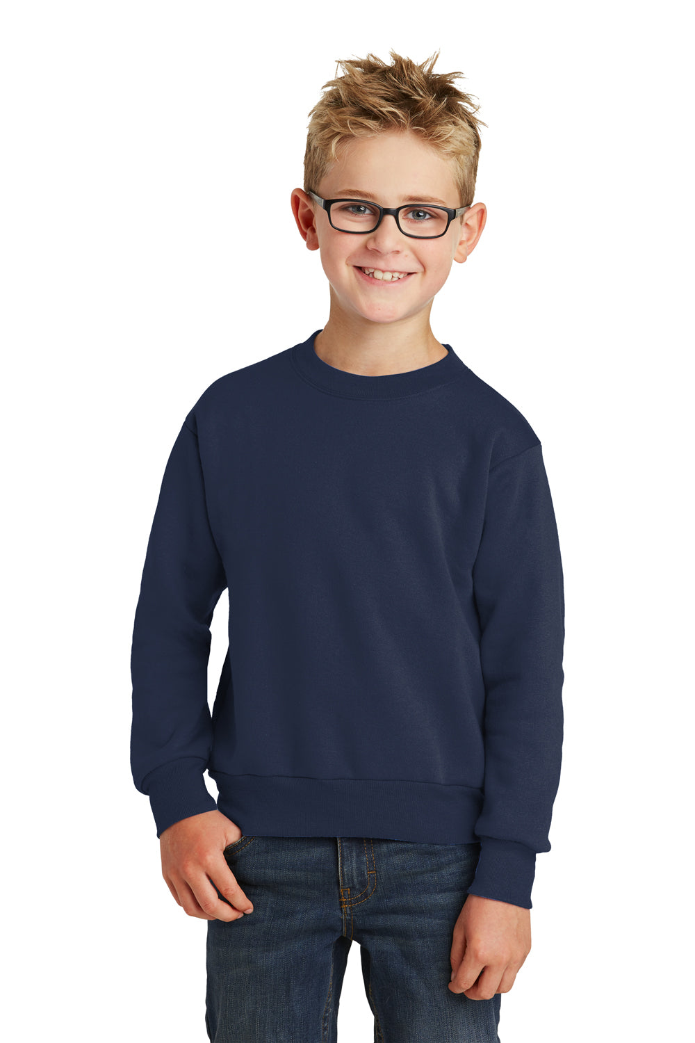 Port & Company PC90Y Youth Core Pill Resistant Fleece Crewneck Sweatshirt Navy Blue Model Front