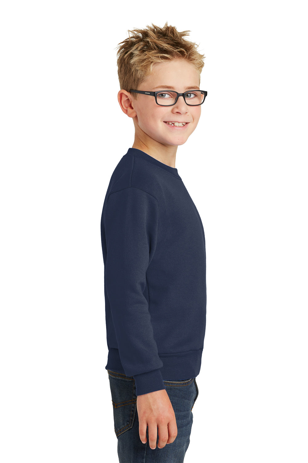 Port & Company PC90Y Youth Core Pill Resistant Fleece Crewneck Sweatshirt Navy Blue Model Side