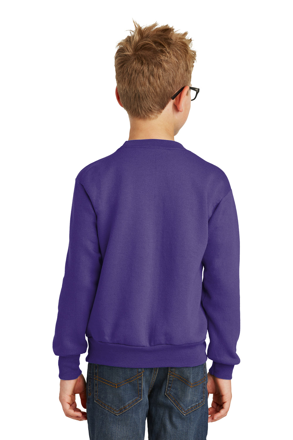 Port & Company PC90Y Youth Core Pill Resistant Fleece Crewneck Sweatshirt Purple Model Back