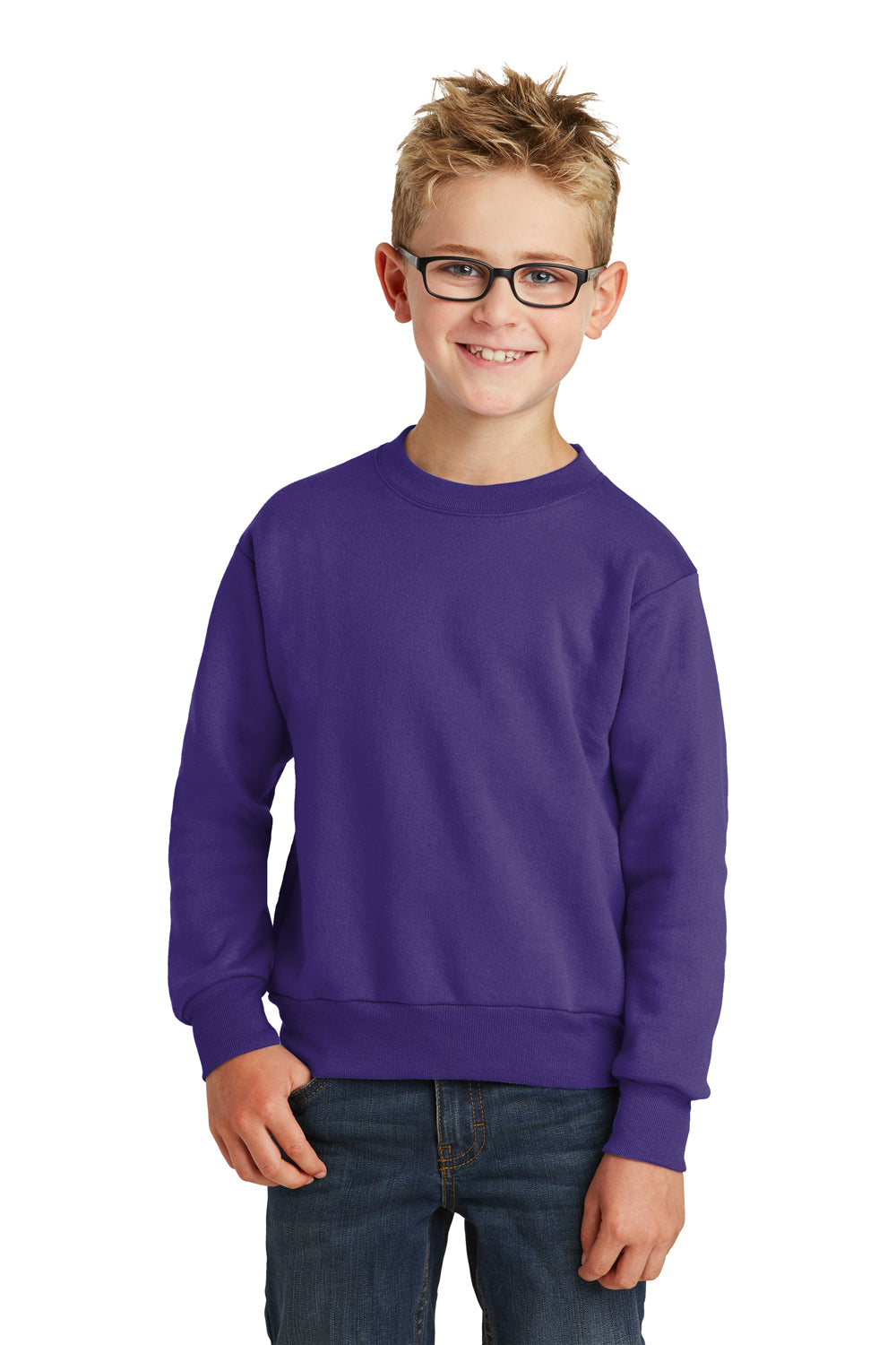 Port & Company PC90Y Youth Core Pill Resistant Fleece Crewneck Sweatshirt Purple Model Front