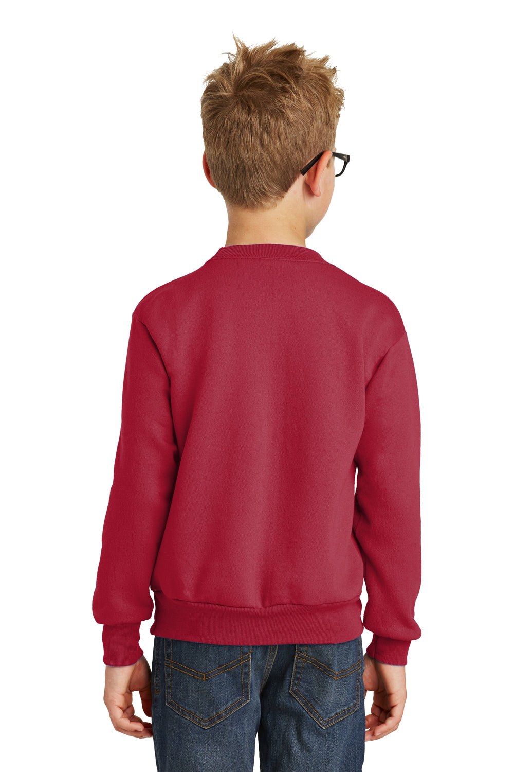 Port & Company PC90Y Youth Core Pill Resistant Fleece Crewneck Sweatshirt Red Model Back