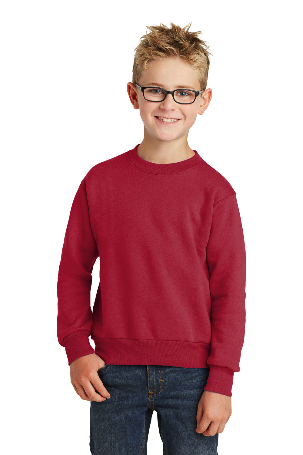 Port & Company PC90Y Youth Core Pill Resistant Fleece Crewneck Sweatshirt Red Model Front