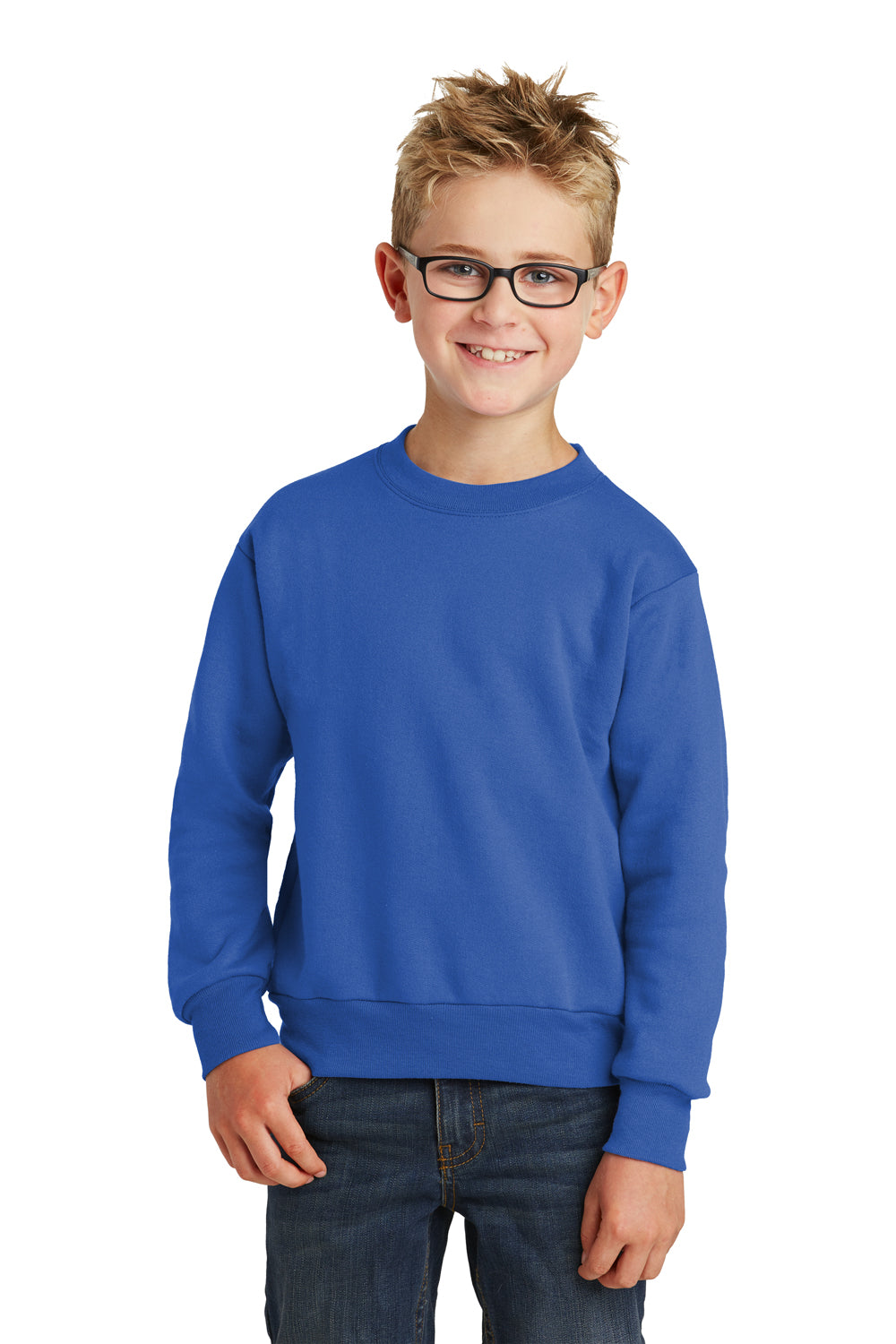 Port & Company PC90Y Youth Core Pill Resistant Fleece Crewneck Sweatshirt Royal Blue Model Front