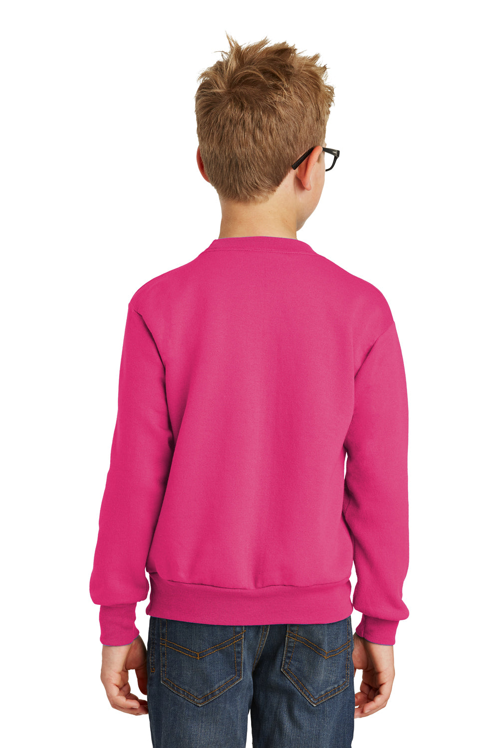 Port & Company PC90Y Youth Core Pill Resistant Fleece Crewneck Sweatshirt Sangria Pink Model Back