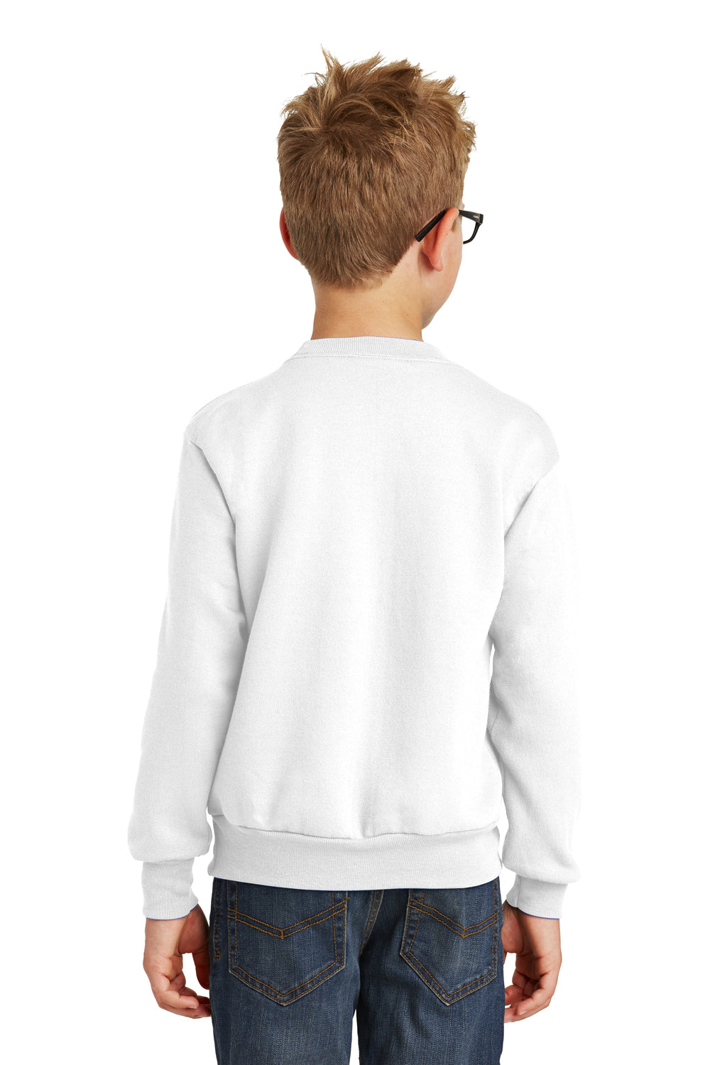 Port & Company PC90Y Youth Core Pill Resistant Fleece Crewneck Sweatshirt White Model Back