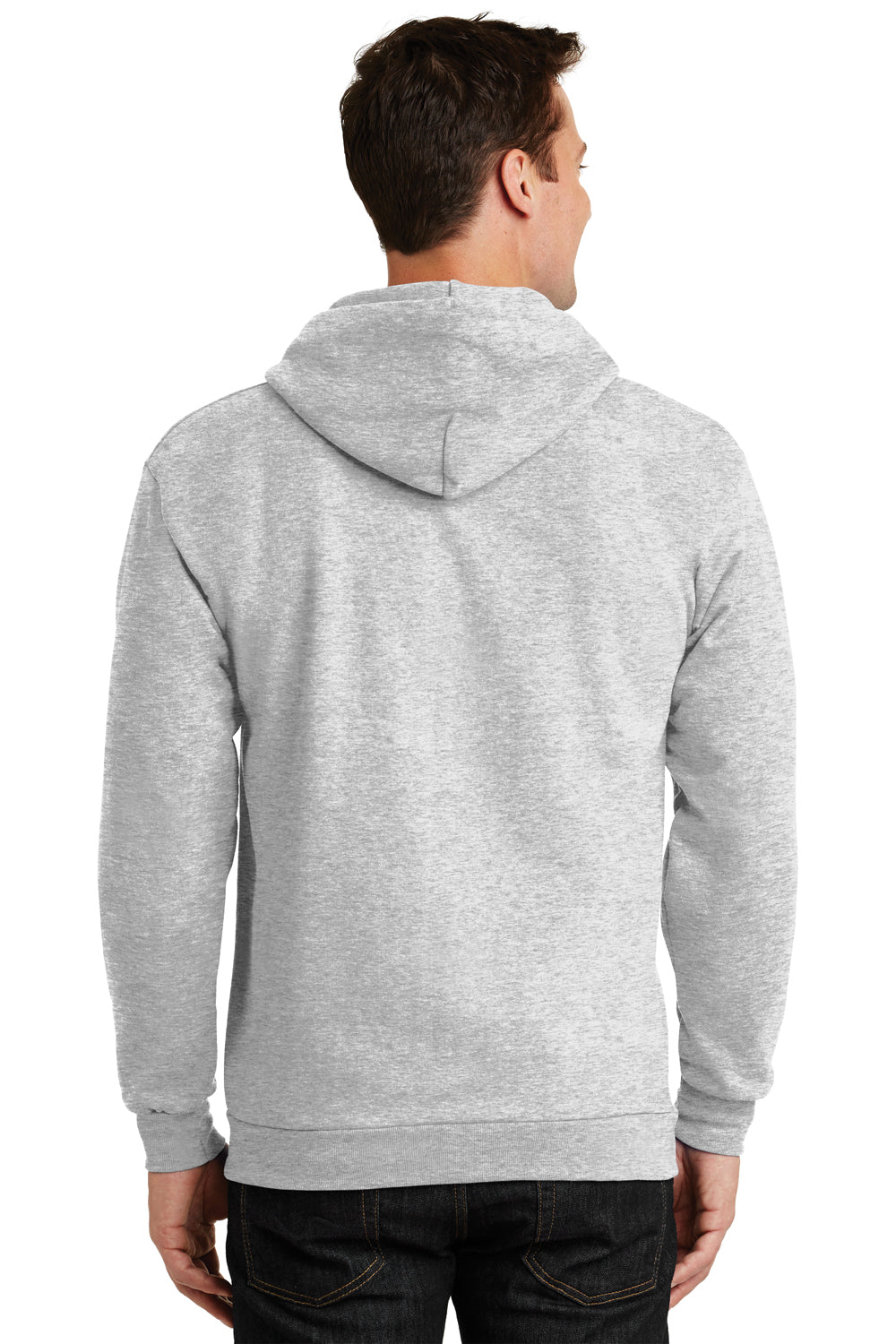 Port & Company PC90ZH/PC90ZHT Mens Essential Pill Resistant Fleece Full Zip Hooded Sweatshirt Hoodie Ash Grey Model Back