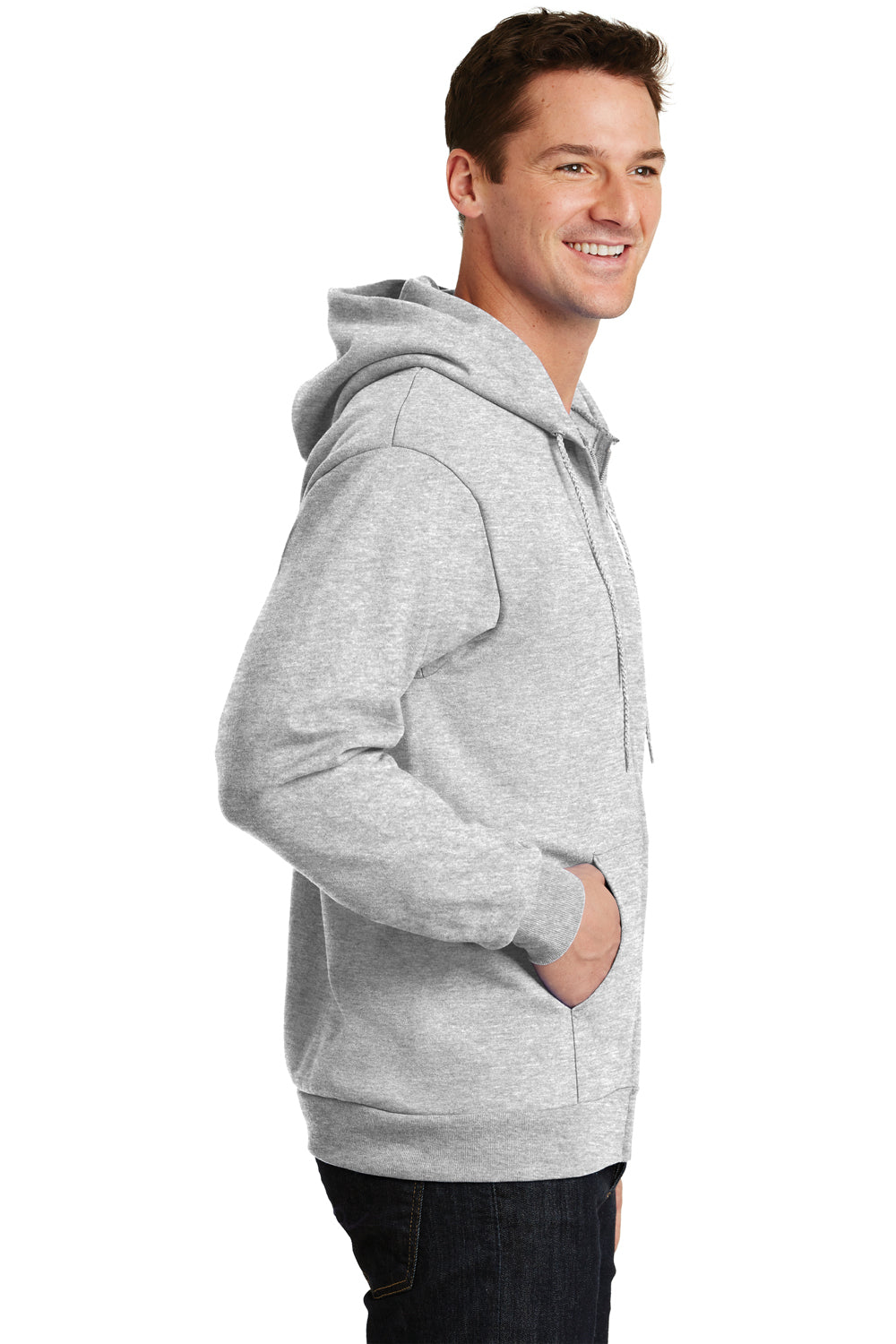 Port & Company PC90ZH/PC90ZHT Mens Essential Pill Resistant Fleece Full Zip Hooded Sweatshirt Hoodie Ash Grey Model Side