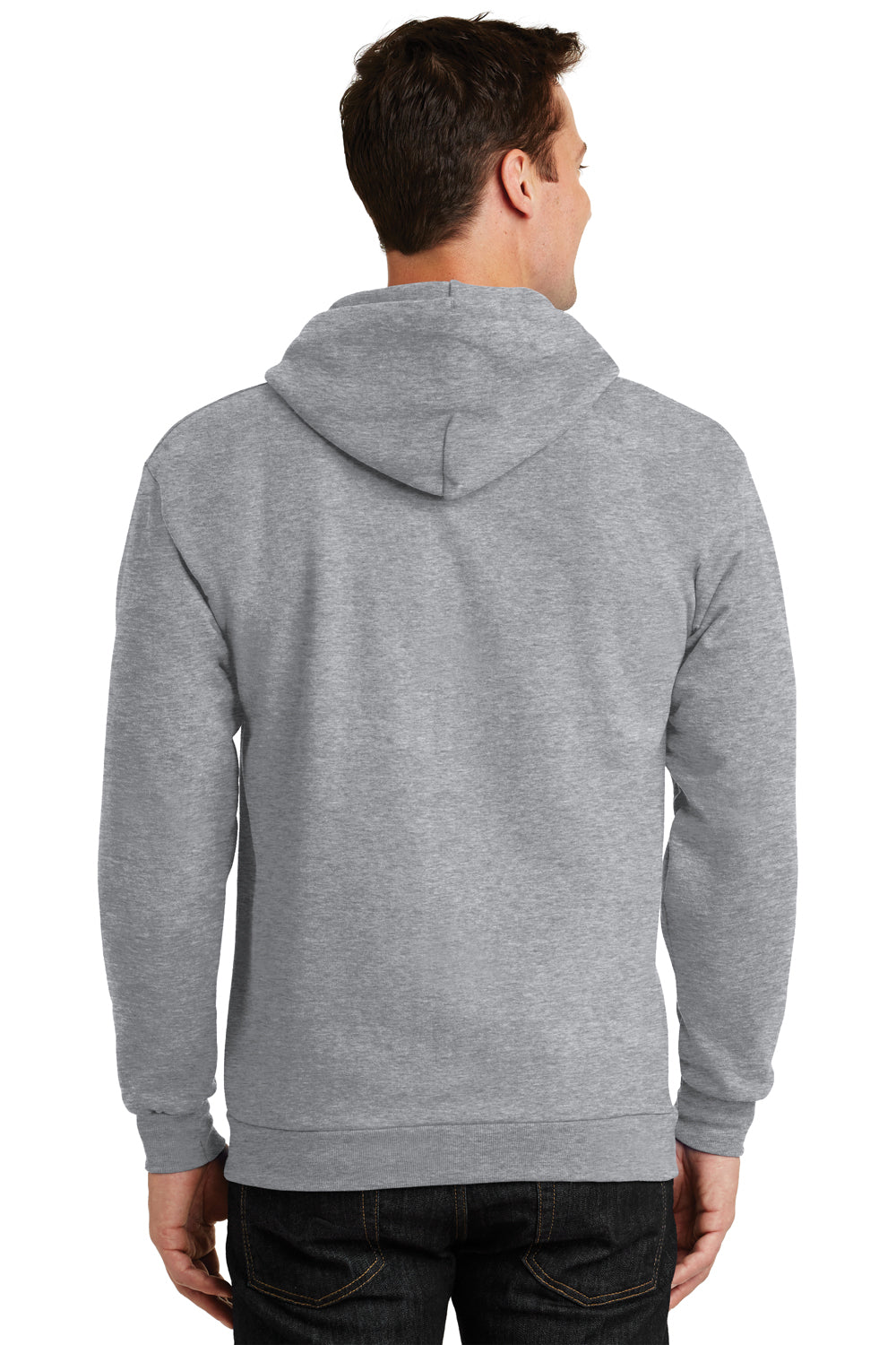 Port & Company PC90ZH/PC90ZHT Mens Essential Pill Resistant Fleece Full Zip Hooded Sweatshirt Hoodie Heather Grey Model Back