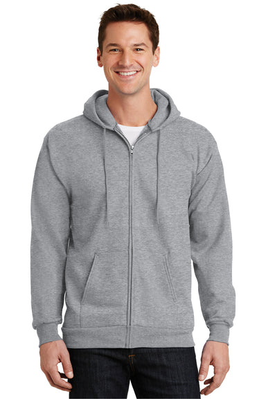 Port & Company PC90ZH/PC90ZHT Mens Essential Pill Resistant Fleece Full Zip Hooded Sweatshirt Hoodie Heather Grey Model Front