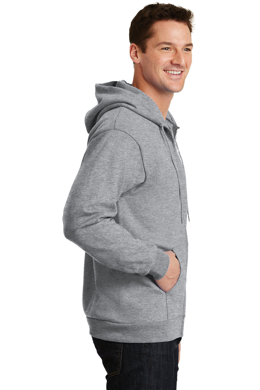 Port & Company PC90ZH/PC90ZHT Mens Essential Pill Resistant Fleece Full Zip Hooded Sweatshirt Hoodie Heather Grey Model Side