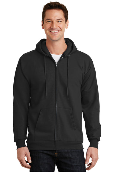 Port & Company PC90ZH/PC90ZHT Mens Essential Pill Resistant Fleece Full Zip Hooded Sweatshirt Hoodie Jet Black Model Front