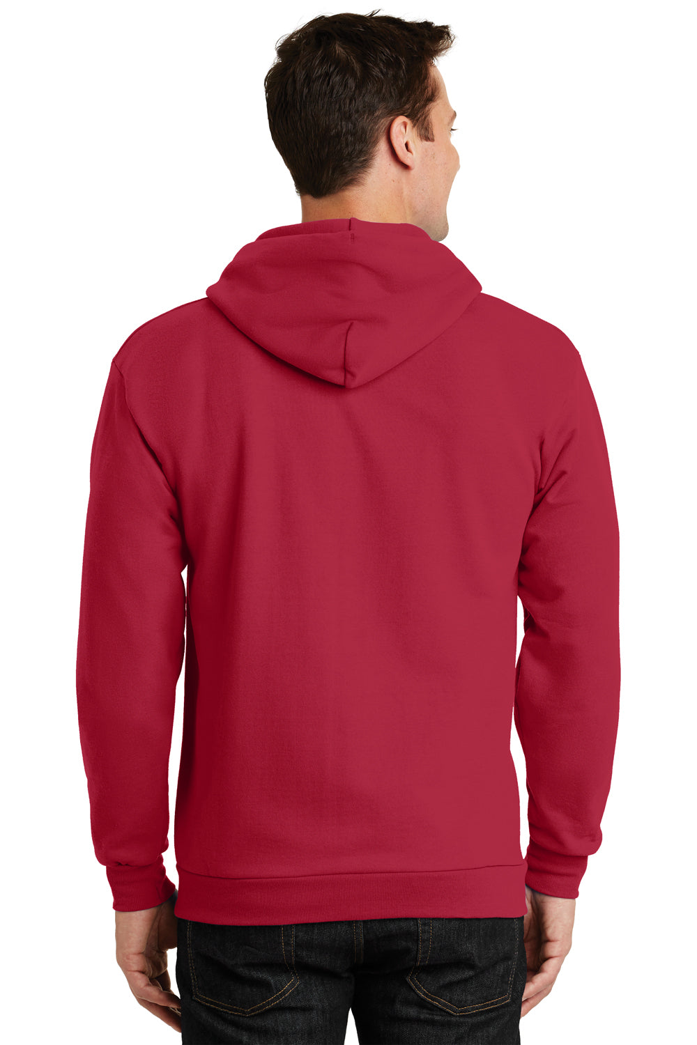 Port & Company PC90ZH/PC90ZHT Mens Essential Pill Resistant Fleece Full Zip Hooded Sweatshirt Hoodie Red Model Back