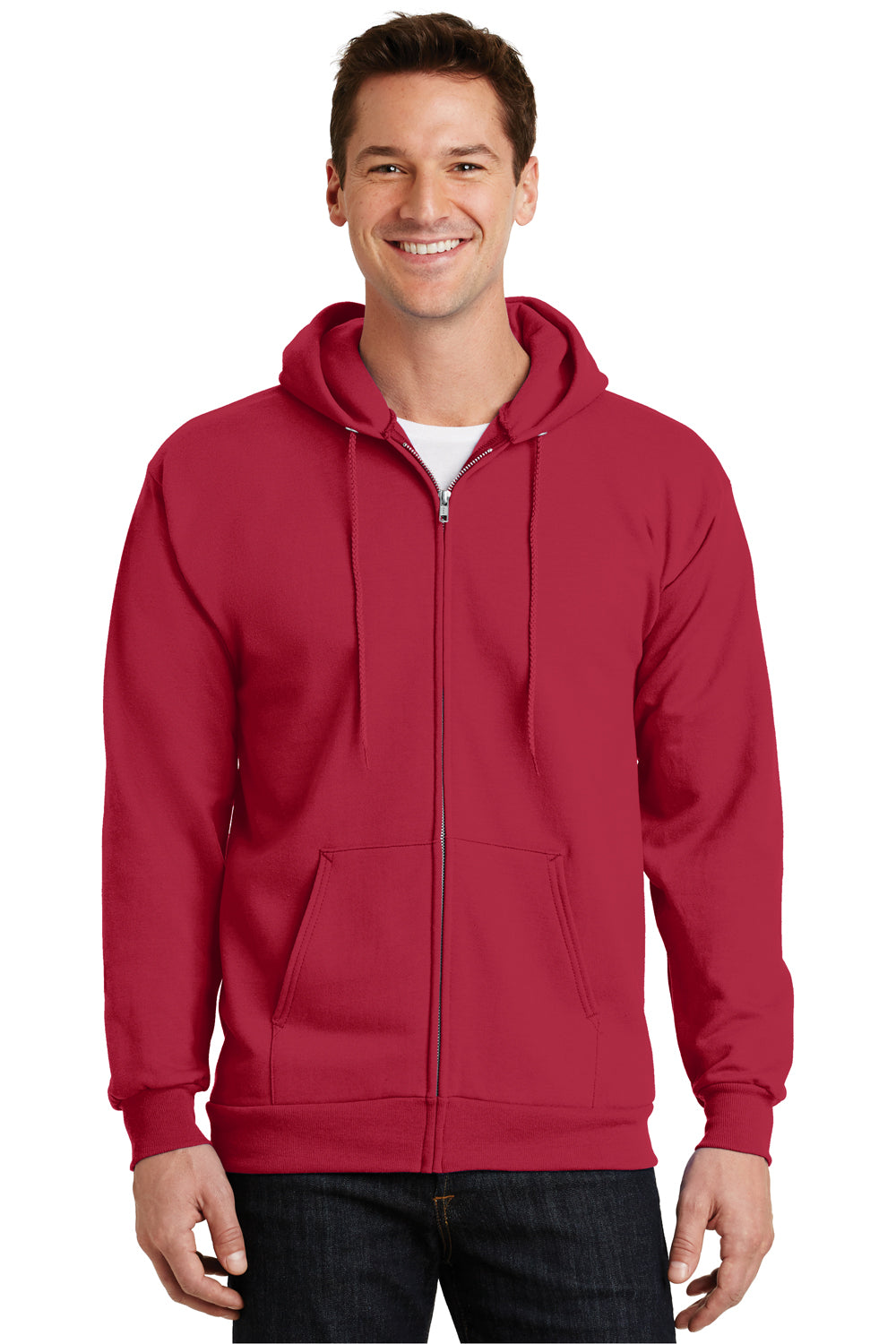 Port & Company PC90ZH/PC90ZHT Mens Essential Pill Resistant Fleece Full Zip Hooded Sweatshirt Hoodie Red Model Front