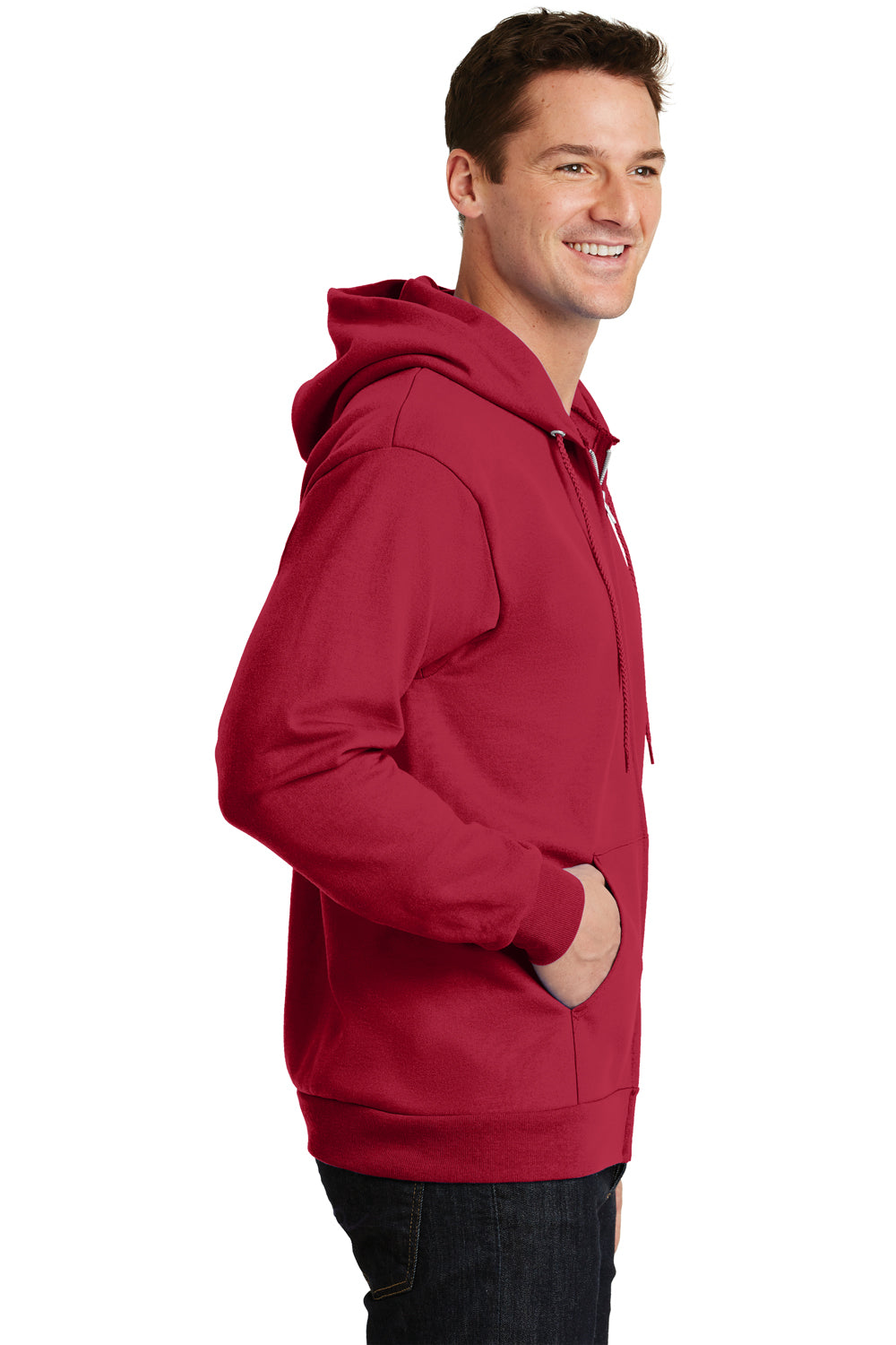 Port & Company PC90ZH/PC90ZHT Mens Essential Pill Resistant Fleece Full Zip Hooded Sweatshirt Hoodie Red Model Side