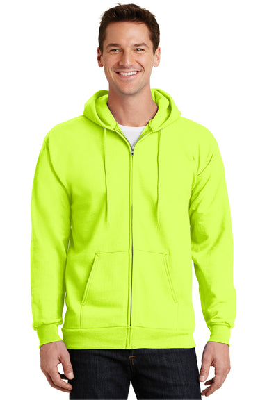 Port & Company PC90ZH/PC90ZHT Mens Essential Pill Resistant Fleece Full Zip Hooded Sweatshirt Hoodie Safety Green Model Front