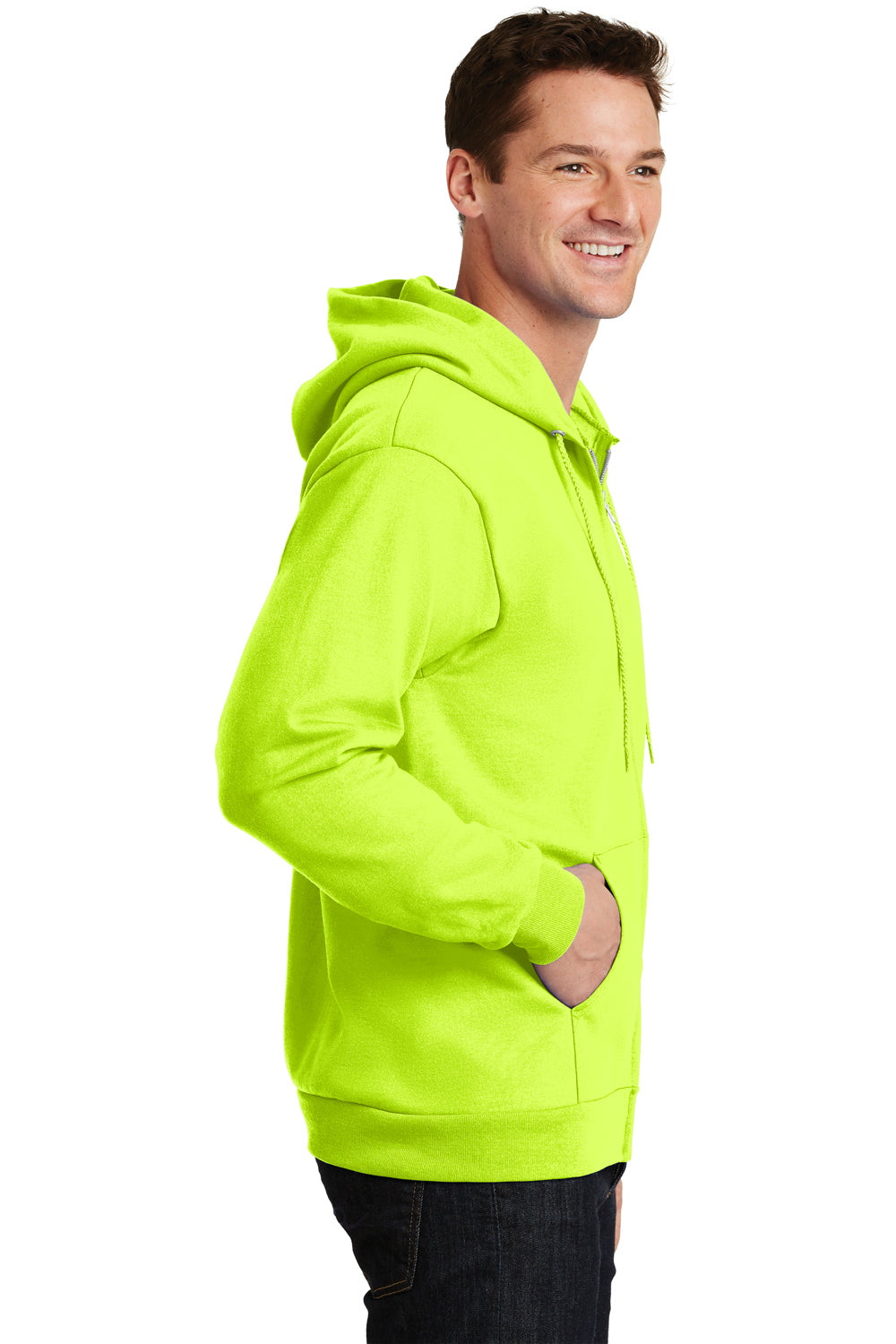 Port & Company PC90ZH/PC90ZHT Mens Essential Pill Resistant Fleece Full Zip Hooded Sweatshirt Hoodie Safety Green Model Side