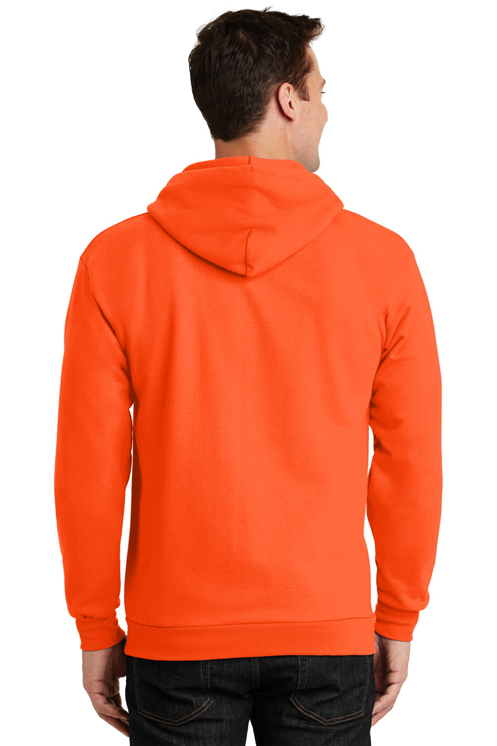 Port & Company PC90ZH/PC90ZHT Mens Essential Pill Resistant Fleece Full Zip Hooded Sweatshirt Hoodie Safety Orange Model Back