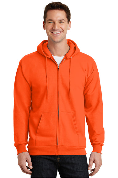 Port & Company PC90ZH/PC90ZHT Mens Essential Pill Resistant Fleece Full Zip Hooded Sweatshirt Hoodie Safety Orange Model Front