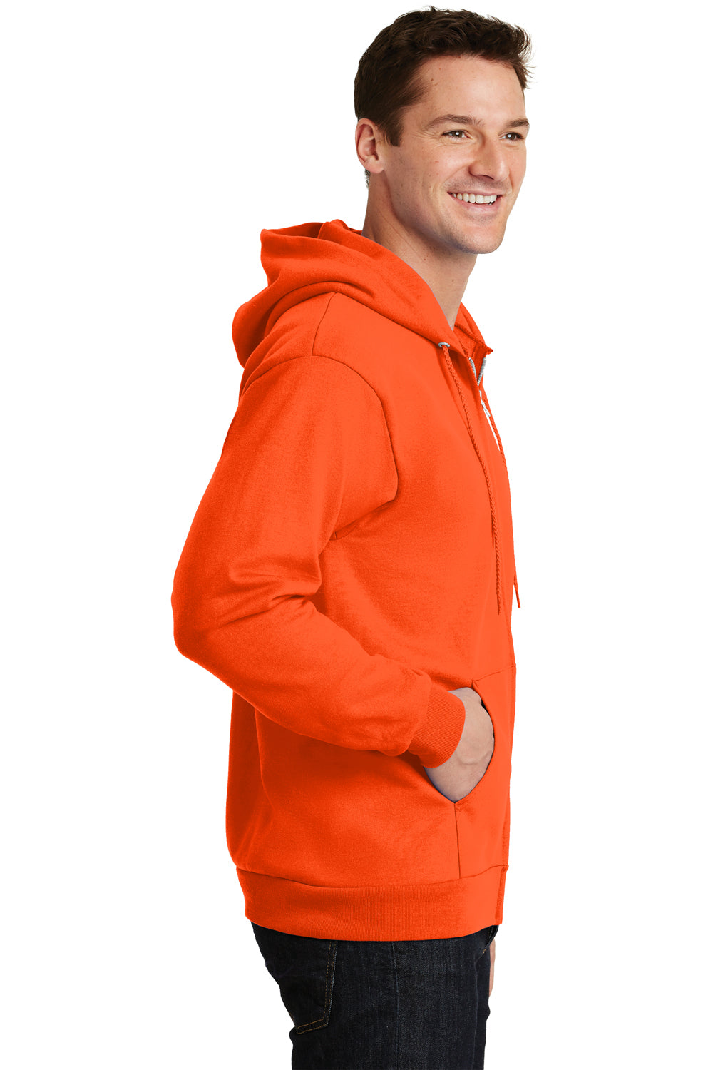 Port & Company PC90ZH/PC90ZHT Mens Essential Pill Resistant Fleece Full Zip Hooded Sweatshirt Hoodie Safety Orange Model Side