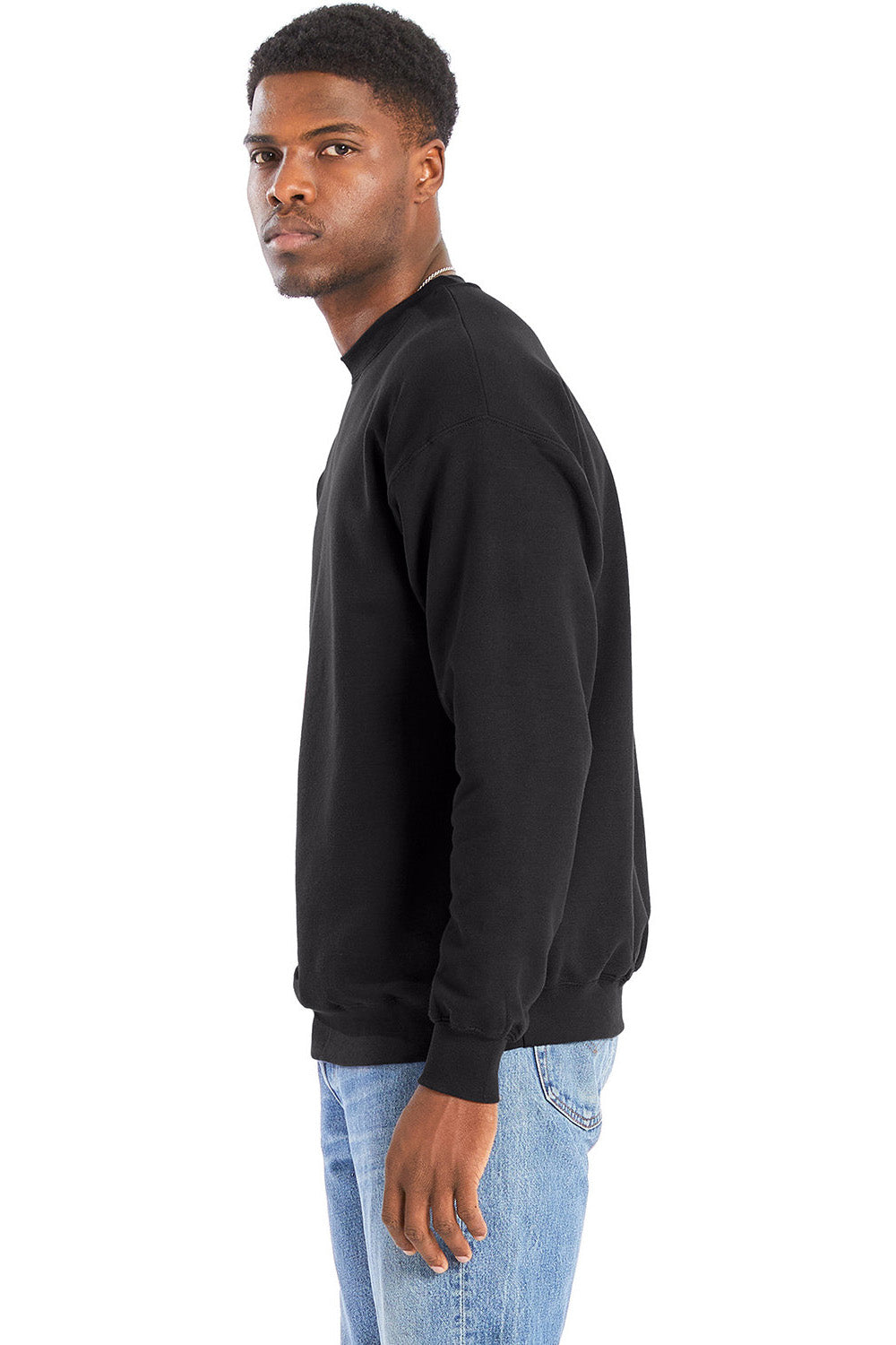 Hanes RS160 Mens Perfect Sweats Crewneck Sweatshirt Black Model Side